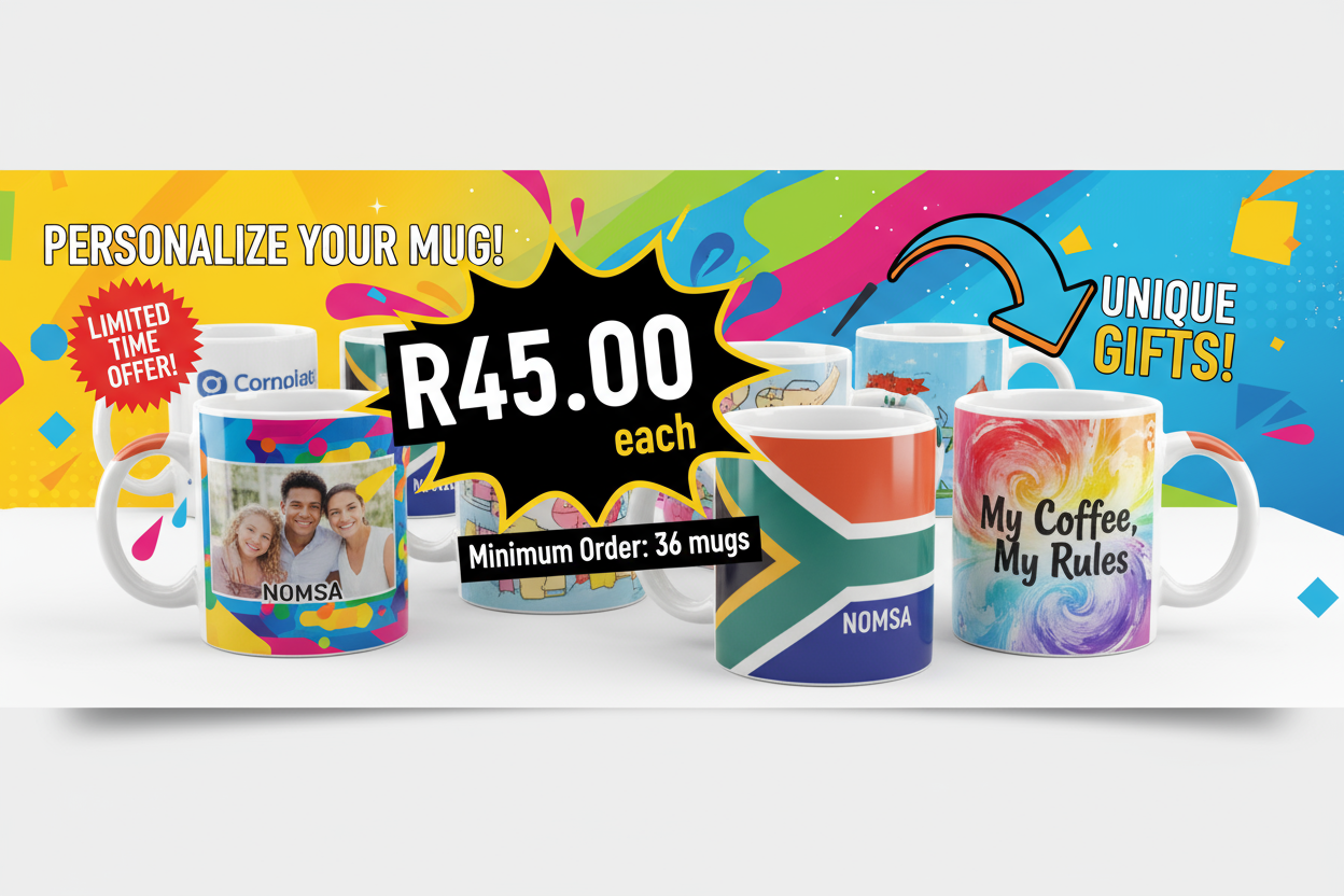 Create a image with personalised mugs at R45.00 each, the minimum quantity must be 36 mugs to order, Add personalised designs on mugs and make it a cool sale poster make it 720x300 size.