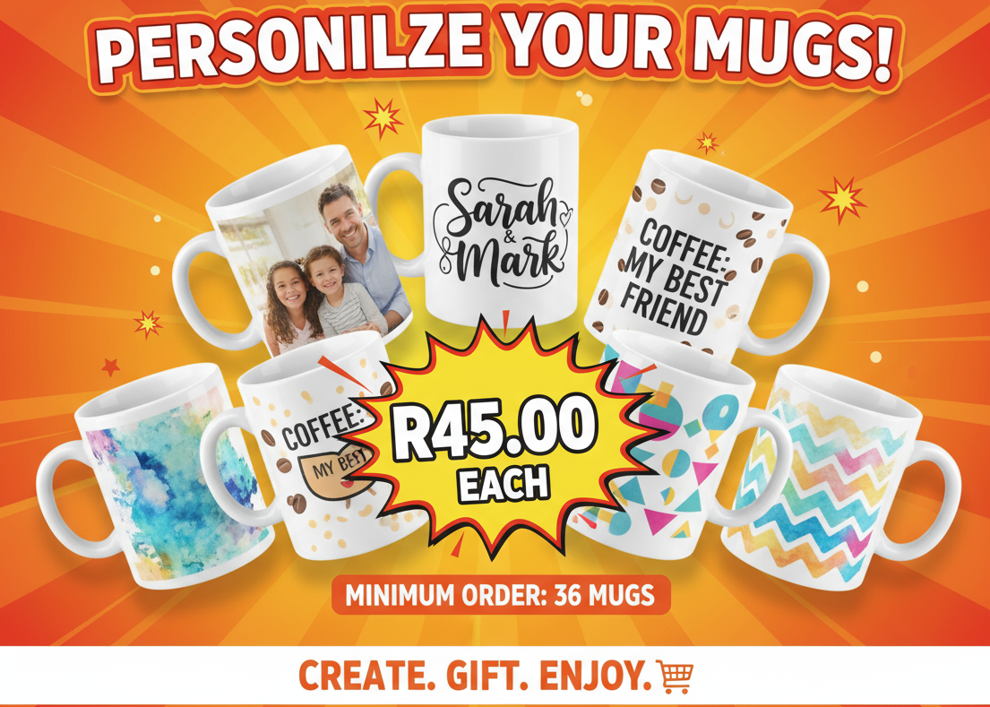 Create a image with personalised mugs at R45.00 each, the minimum quantity must be 36 mugs to order, Add personalised designs on mugs and make it a cool sale poster